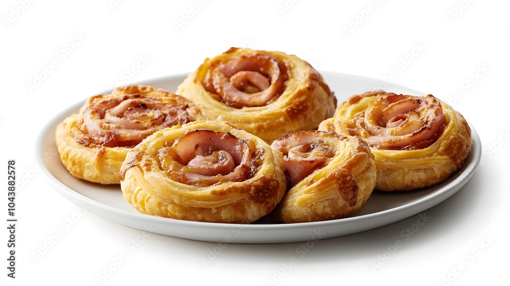 Delicious ham and cheese puff pastry swirls on a white plate Delicious ham and cheese puff pastry swirls on a white plate