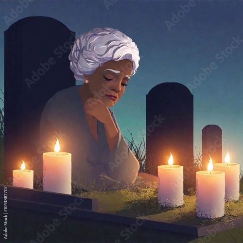 Grave Candlelight, old black woman with grey hair softly illuminated by flickering light of candles in cemetery, shallow focus capturing his contemplative expression. vector painting illustration photo