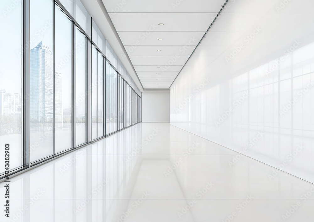 Obraz premium Modern white hallway with glass walls and city view.