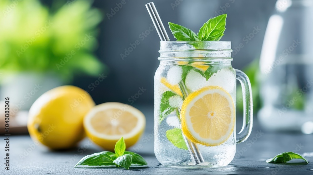 Fototapeta premium A mason jar stylishly displays refreshing citrus water, featuring fresh basil leaves and a slice of lemon, complemented by a metal straw, placed on a rustic table.