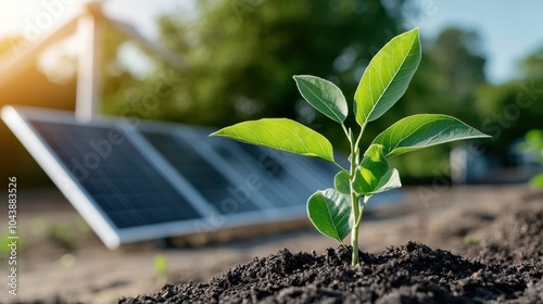 A green plant sprouts energetically near a solar panel and wind turbine, showcasing the dynamic interplay between natural growth and innovative renewable energy solutions. photo