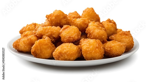 Crispy golden chicken nuggets on white plate - perfect snack and party food photo