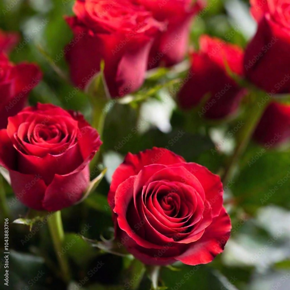Close-up shot of a bouquet of red roses, with the petals in sharp focus and the stems softly fading into the background, highlighting the romantic gesture of Valentine's Day flowers Close-up shot of a bouquet of red roses, with the petals in sharp focus and the stems softly fading into the background, highlighting the romantic gesture of Valentine's Day flowers