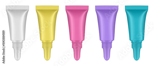 Set of salve or ointment tubes. White, yellow, pink, purple and blue colors. Hand cream, mask or lotion. Acrylic paint