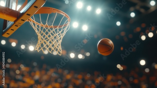 Basketball in mid-air approaching the hoop under arena lights. Action shot during a game with a blurred crowd in the background. Sports competition and scoring concept. photo