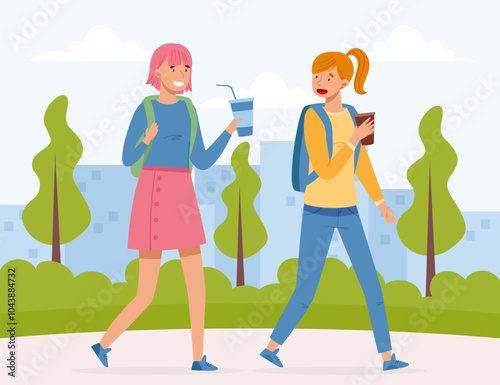Woman Teenager with Cup of Coffee Walking and Talking Vector Illustration