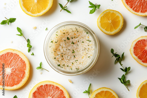 Natural body scrub in a glass jar surrounded by fresh citrus slices and herbs on a white surface