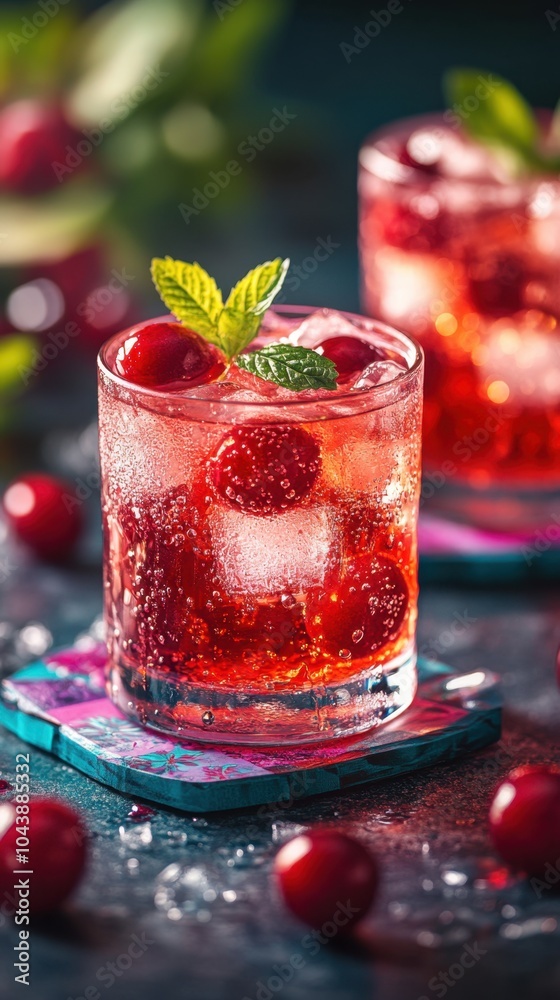 Refreshing cranberry cocktail with ice and mint on dark background Refreshing cranberry cocktail with ice and mint on dark background