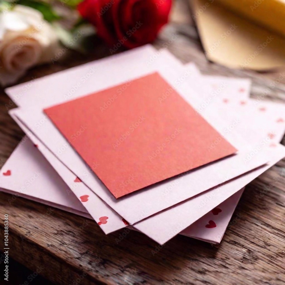 Fototapeta premium Close-up shot of a stack of Valentine's Day cards, empty mock up, with the top card in clear focus and the cards beneath softly blurred. Restoraunt on background, Valentine's Day. From above