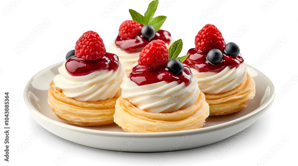 Delicious cream pastries with raspberries and blueberries on a white plate Delicious cream pastries with raspberries and blueberries on a white plate