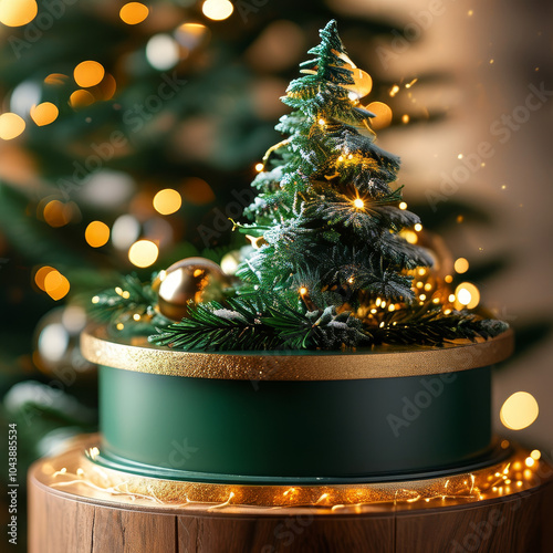 festive green product display podium for Christmas products, evergreen trees, twinkling lights elegant design with gold accents and a warm inviting glow for advertisement, ad, podium platform, product photo