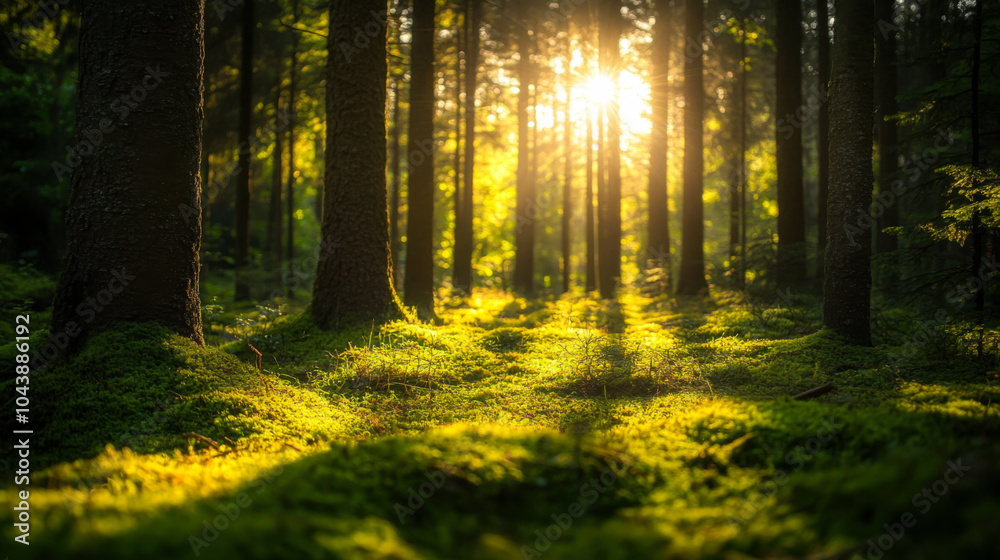 Fototapeta premium Sunlight filtering through tall trees over a mossy forest floor at dawn inspires a peaceful outdoor atmosphere