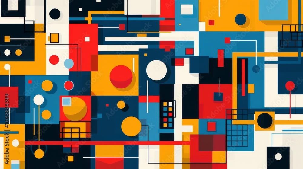 A colorful geometric pattern with Swiss influences, showcasing bold rectangles, squares, and circles A colorful geometric pattern with Swiss influences, showcasing bold rectangles, squares, and circles