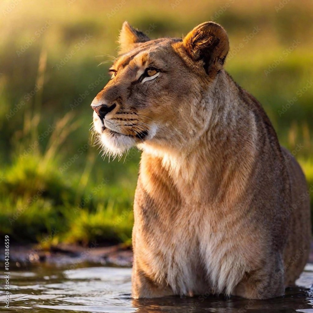 Naklejka premium A full shot photo of a lioness bathing in the glow of a sunset, deep focus highlighting the silhouette of its full body, low-angle shot adding drama and grandeur to the scene