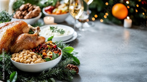 Elegant holiday table setting with a roasted turkey and lavish decorations, embodying the spirit of togetherness and festive celebration with style. photo