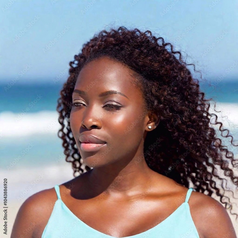 A close-up photo portrait of an African-American female adult with wind-swept hair, deep focus on the intensity of his gaze and the movement in his hair, eye-level shot with a background of crashing A close-up photo portrait of an African-American female adult with wind-swept hair, deep focus on the intensity of his gaze and the movement in his hair, eye-level shot with a background of crashing