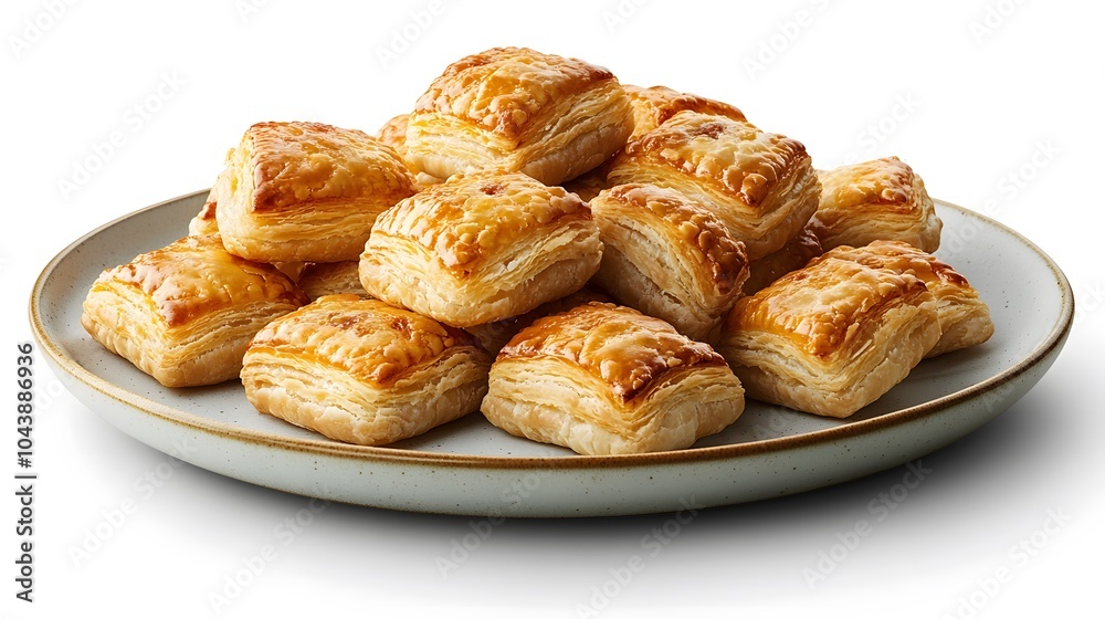 Golden puff pastries on ceramic plate: freshly baked layers of flaky delight Golden puff pastries on ceramic plate: freshly baked layers of flaky delight