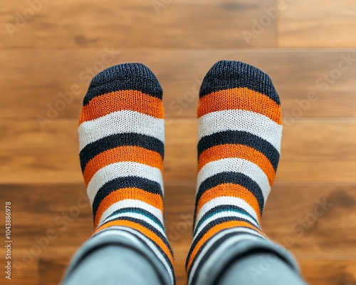 Colorful striped socks on a wooden floor, radiating warmth and comfort in casual style. Perfect representation of cozy home vibes. photo