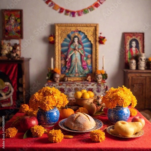 A richly decorated Dia de los Muertos altar with offerings of pan de muerto, fruit, and photos of loved ones, framed by bright marigolds and candles that glow warmly, symbolizing remembrance and