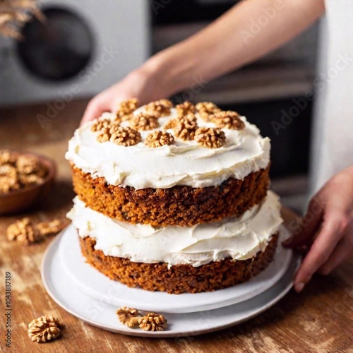 Wallpaper Mural A person holding a rustic carrot cake with cream cheese frosting and walnut pieces, with the cake and hands in sharp focus and the kitchen setting softly blurred, emphasizing the homemade, comforting Torontodigital.ca