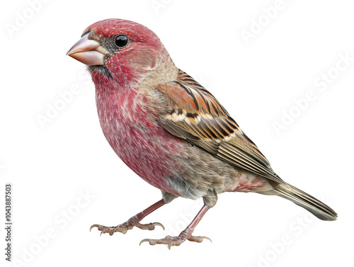 Close-up of a vibrant purple finch with a striking red and brown plumage against a white background.