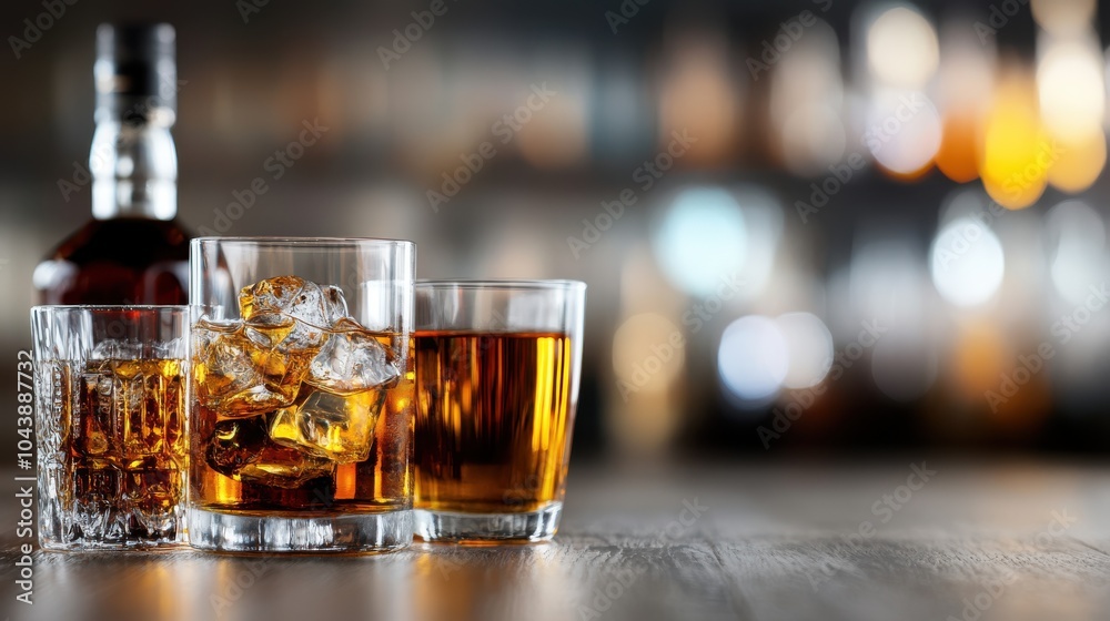 A warm and inviting bar ambience showcasing whiskey glasses filled with ice cubes, surrounded by a bottle of whiskey on a wooden surface, evoking comfort. A warm and inviting bar ambience showcasing whiskey glasses filled with ice cubes, surrounded by a bottle of whiskey on a wooden surface, evoking comfort.