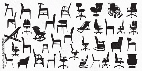 Extensive collection of various chair silhouettes, showcasing modern, classic, ergonomic, and specialized designs for diverse furniture themes