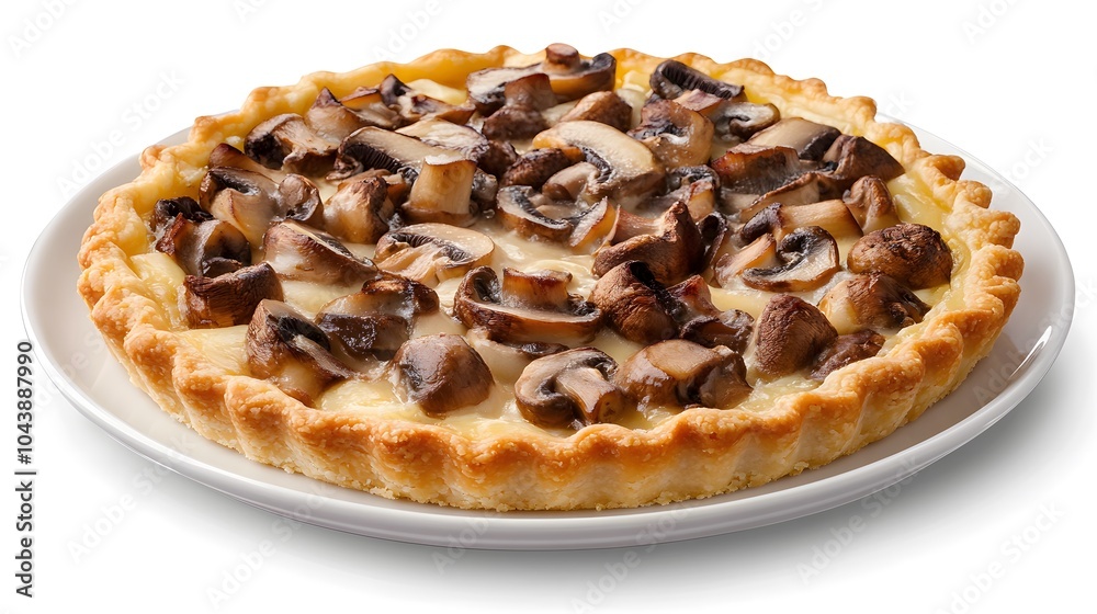 Savory mushroom tart on white plate featuring golden crust and cheese topping Savory mushroom tart on white plate featuring golden crust and cheese topping