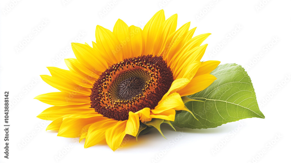 Naklejka premium Bright Yellow Sunflower with Green Leaf on White Background
