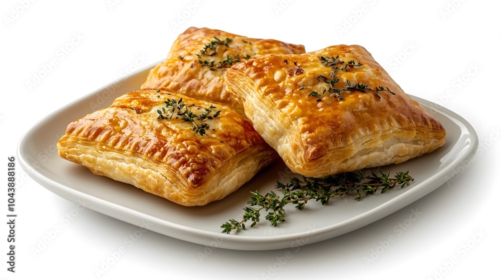 Golden puff pastries with sprigs of fresh thyme on white plate Golden puff pastries with sprigs of fresh thyme on white plate