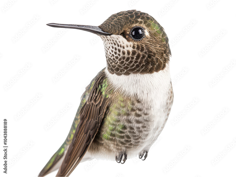 Obraz premium Close-up portrait of a hummingbird with iridescent green and brown feathers.