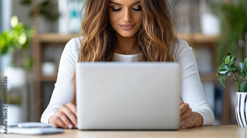 A woman with long hair, looking concentrated while working on her laptop in a well-decorated home office with books and plants, reflecting focus and dedication. A woman with long hair, looking concentrated while working on her laptop in a well-decorated home office with books and plants, reflecting focus and dedication.