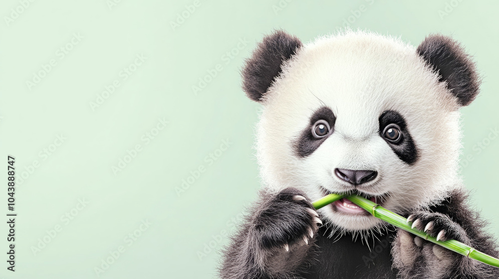 Obraz premium Adorable baby panda chewing on bamboo against a soft green background.