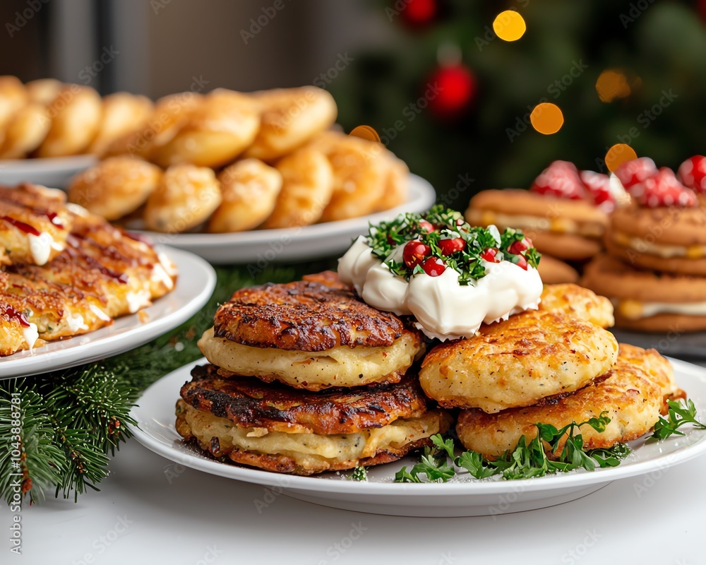 Festive table with assorted pancakes and toppings, garnished with herbs and cream. Perfect holiday feast setting with warm lights in the background. Festive table with assorted pancakes and toppings, garnished with herbs and cream. Perfect holiday feast setting with warm lights in the background.