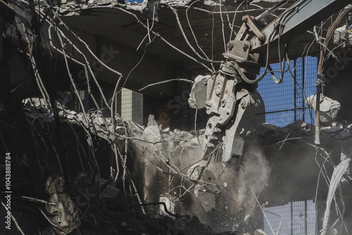 Industrial Demolition Machine Tearing Down Building with Exposed Rebar photo