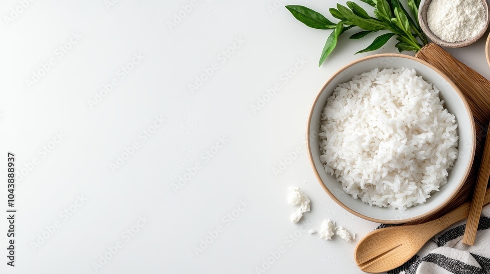 A top view photograph of a rice bowl accompanied by wooden kitchen utensils, set against a pristine white background. A perfect setting to showcase cooking simplicity. A top view photograph of a rice bowl accompanied by wooden kitchen utensils, set against a pristine white background. A perfect setting to showcase cooking simplicity.