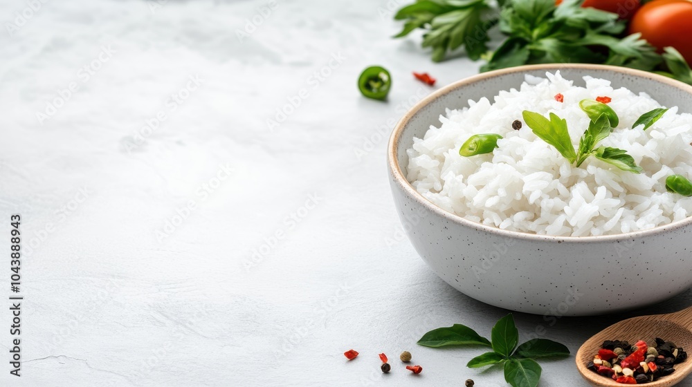 A rice bowl garnished with green herbs, spices, and vegetables, presented on a textured surface. This vibrant image is perfect for culinary and lifestyle themes. A rice bowl garnished with green herbs, spices, and vegetables, presented on a textured surface. This vibrant image is perfect for culinary and lifestyle themes.