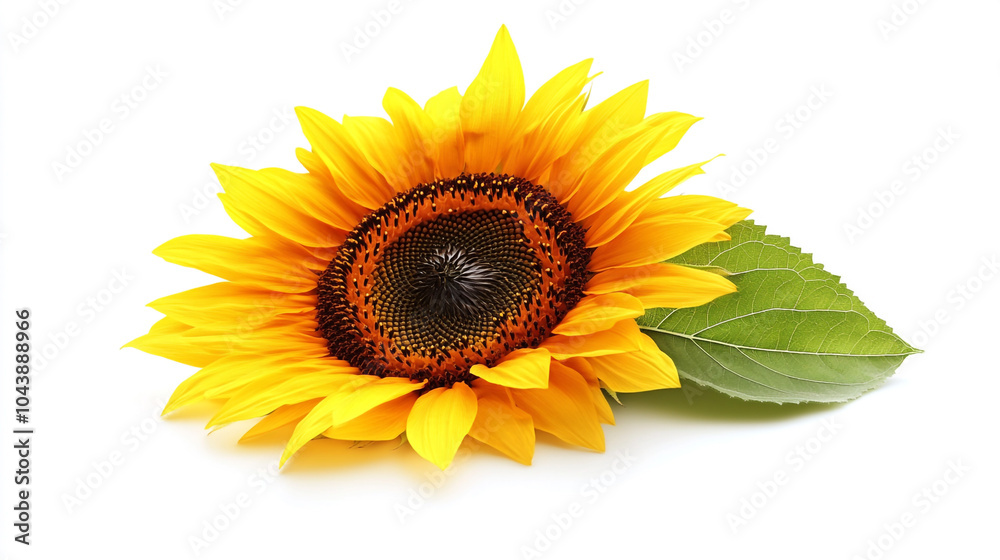 Obraz premium Bright Yellow Sunflower with Green Leaf on White Background