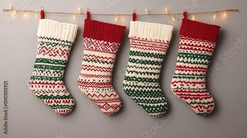 Four knitted Christmas stockings in festive patterns hanging on a string with lights against a gray background.