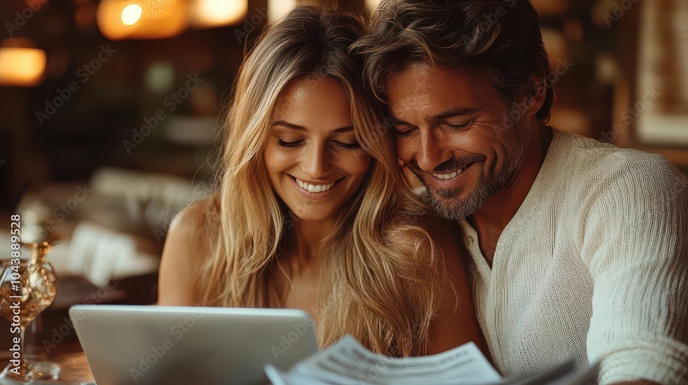 joyful couple embraces while reviewing financial documents laptop open on the table filled with bills their expressions beam with happiness as they plan for their future together joyful couple embraces while reviewing financial documents laptop open on the table filled with bills their expressions beam with happiness as they plan for their future together