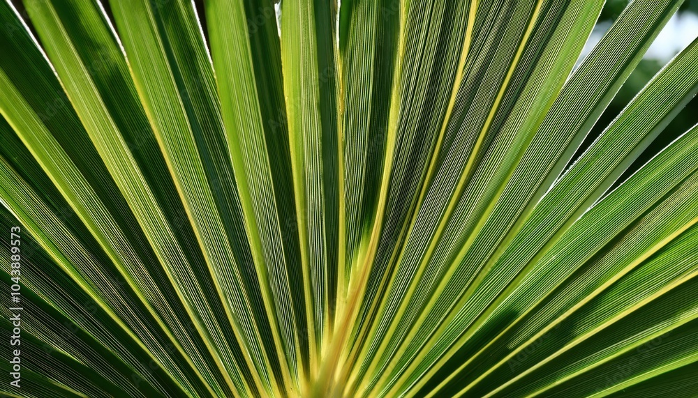 Fototapeta premium Symmetrical Close-Up of Radiating Green Palm Fronds with Intricate Veins Highlighting Natural Patterns. Perfect for Botanical Concepts, Tropical Themes, and Nature Design Inspiration