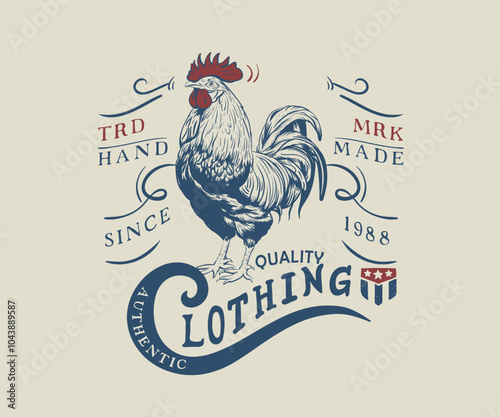 Vintage rooster t shirt design, retro vintage clothing typography artwork,  cock chicken hand drawn vector illustration