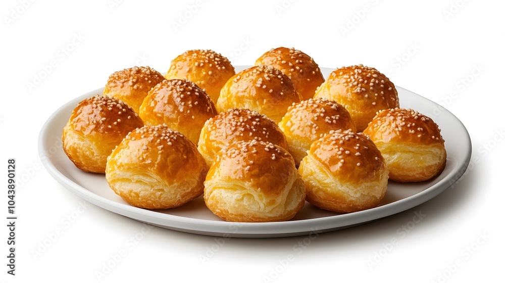 Golden pastry buns with sugar topping on white plate Golden pastry buns with sugar topping on white plate