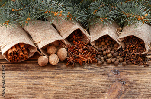 Close up of traditional aromatic and fragrant Christmas spices in the linen bags