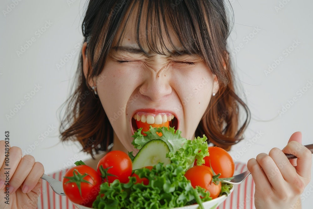 Asian woman on a diet, grimacing at vegetables on her fork, white background Asian woman on a diet, grimacing at vegetables on her fork, white background