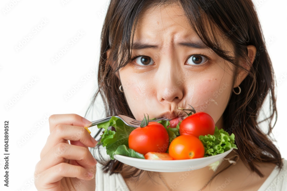 Asian woman on a diet, grimacing at vegetables on her fork, white background Asian woman on a diet, grimacing at vegetables on her fork, white background