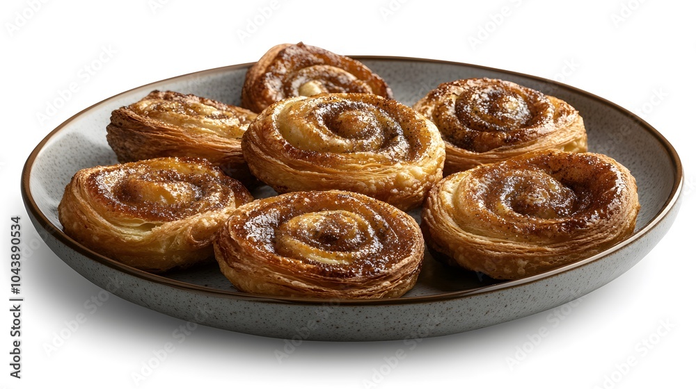 Delicious homemade cinnamon rolls on rustic plate with sugar sprinkles Delicious homemade cinnamon rolls on rustic plate with sugar sprinkles