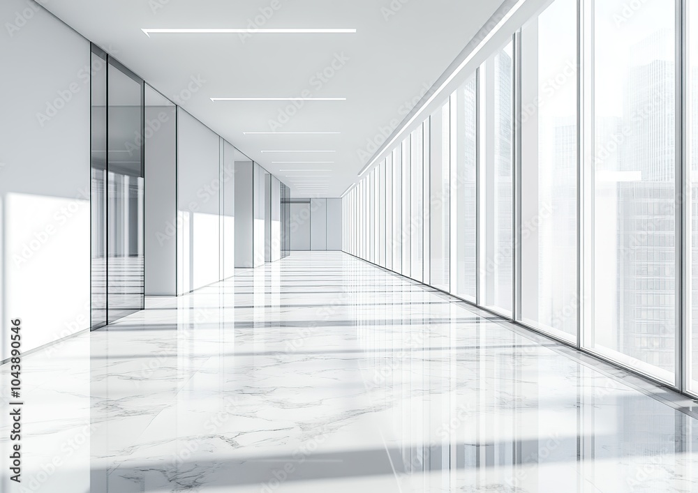Obraz premium Modern office hallway with large windows and marble floor.