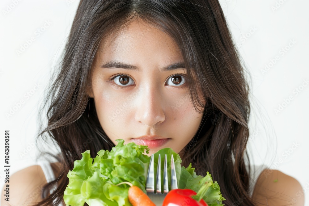 Asian woman on a diet, grimacing at vegetables on her fork, white background Asian woman on a diet, grimacing at vegetables on her fork, white background