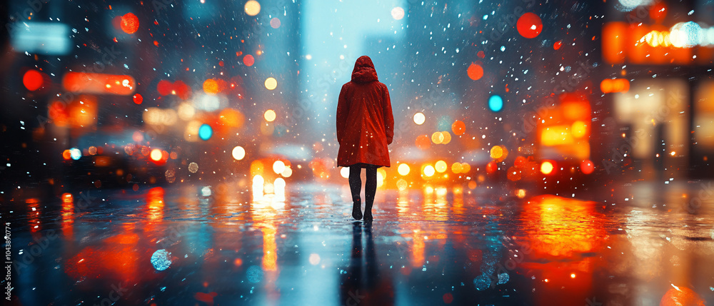 Solitary Figure Walking Through a Rainy City at Night Solitary Figure Walking Through a Rainy City at Night
